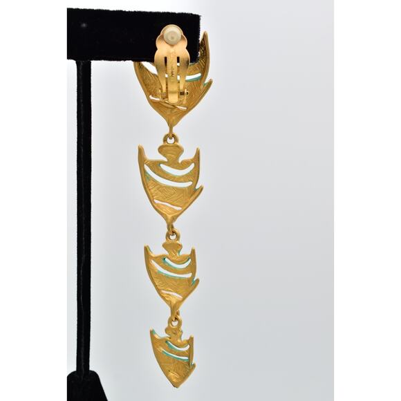 Givenchy Vintage Fish Clip On Earrings Brushed Gold Chunky Signed 1980s BinBF - Picture 9 of 12